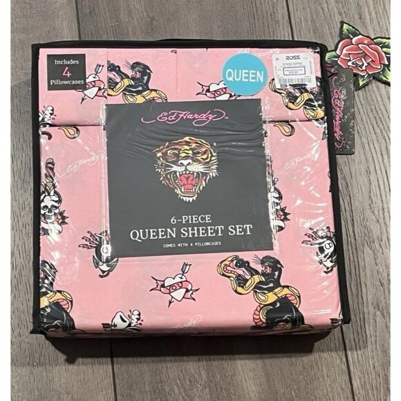 Ed Hardy 6-Piece QUEEN Bedding Sheet Set Pink Graphic Print Y2K Tiger Heart Dice - Picture 1 of 7